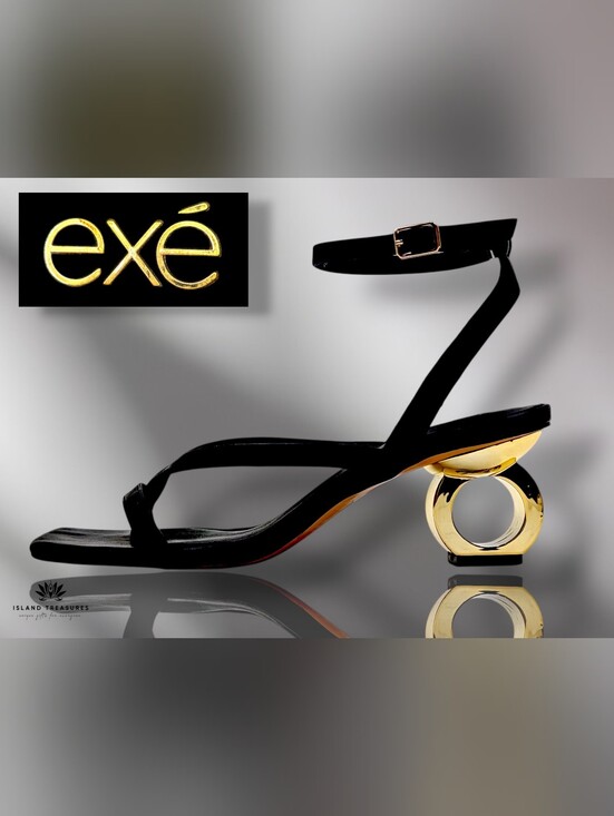 Exe Shoes - EXÉ Size 39 US 8 Genuine Black Leather With Gold-Tone Ring Heel Strappy Sandals